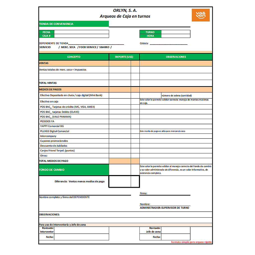 Formato ARQUEO DE CAJA EN TURNO TIENDA